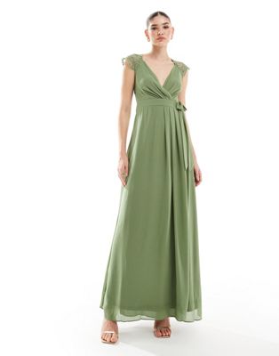 TFNC Bridesmaids maxi dress with lace detail in dark sage