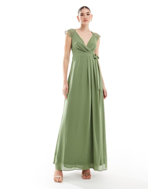 TFNC Bridesmaids maxi dress with lace detail in dark sage 
