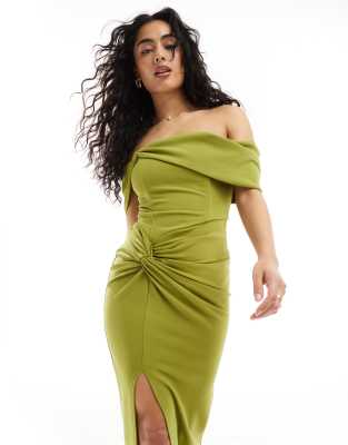 Tfnc Bridesmaids Off The Shoulder Maxi Dress With Pleat In Olive-green