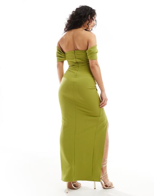 TFNC Bridesmaids off the shoulder maxi dress with pleat in olive, 2 of 4