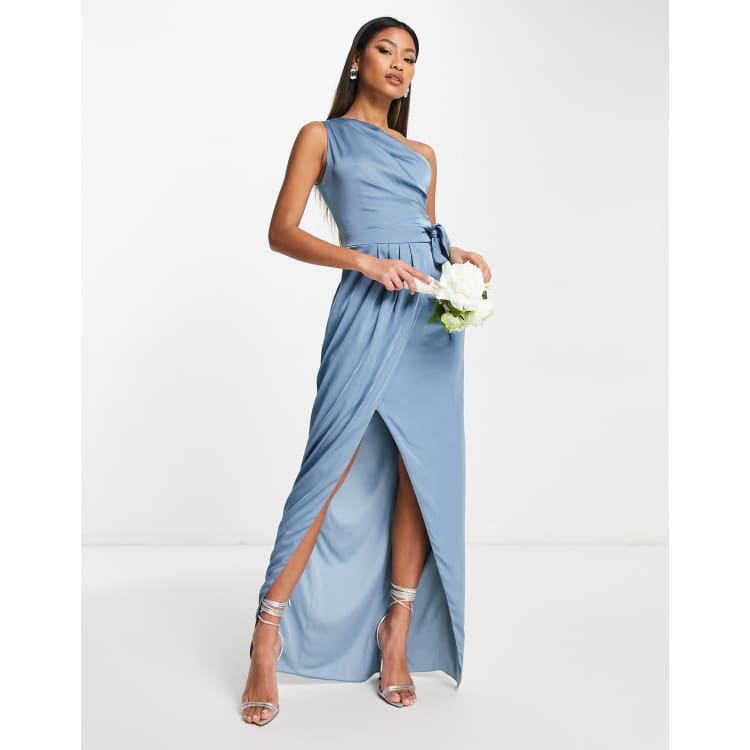 TFNC Bridesmaids one shoulder maxi dress with pleated detail in blue