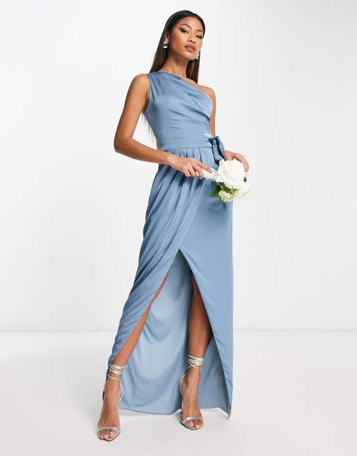 TFNC Bridesmaids one shoulder maxi dress with pleated detail in blue