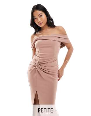 TFNC Bridesmaids Petite bardot maxi dress with pleat in rose brown