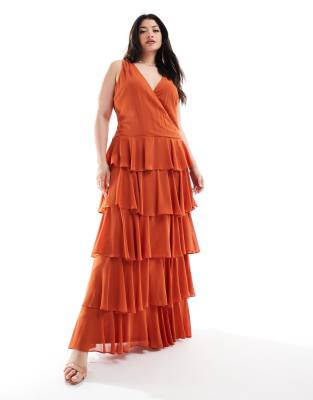 TFNC Bridesmaids Plus chiffon tiered maxi dress in rust-Orange