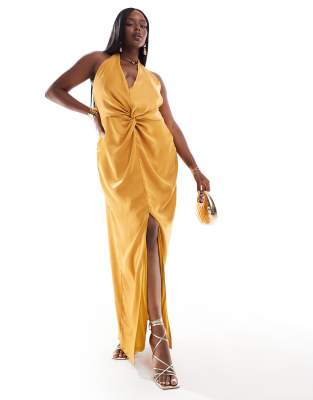 TFNC Bridesmaids Plus satin halterneck twist front maxi dress in marigold-Yellow