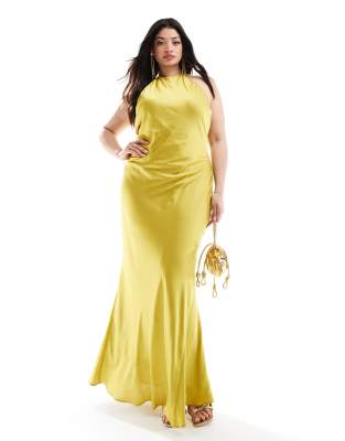 TFNC Bridesmaids Plus satin maxi dress with tie back and button detail in lime-Green