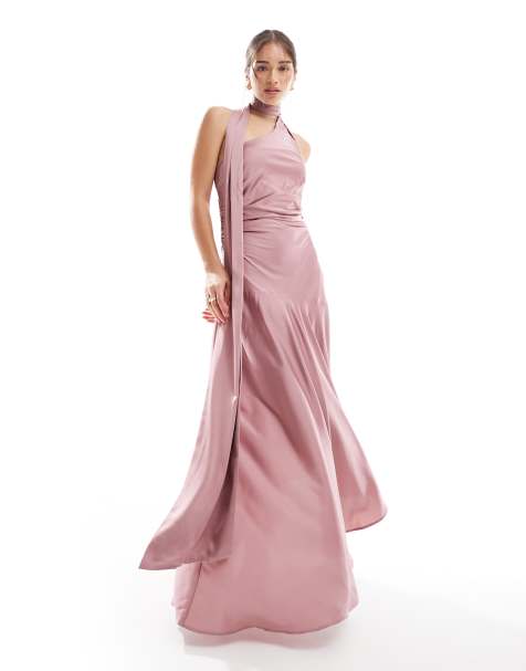 TFNC Bridesmaids satin asymmetric maxi dress with scarf neck in mauve pink - view 1