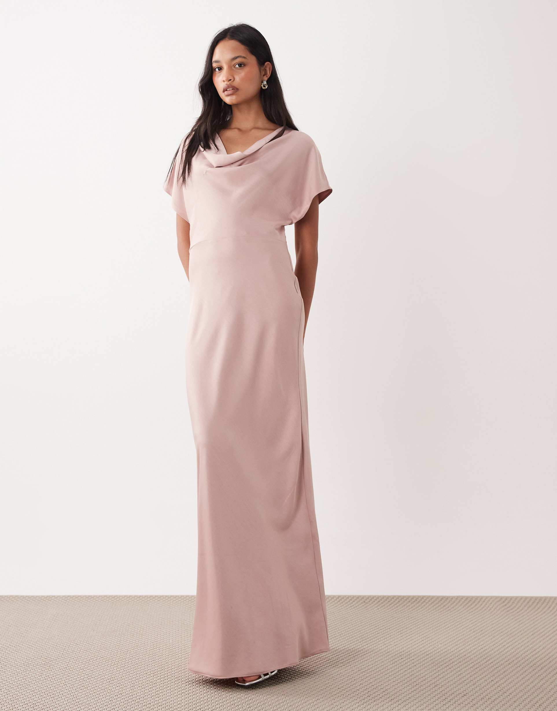tfnc bridesmaids satin dropped shoulders bias cut maxi dress in dusty pink