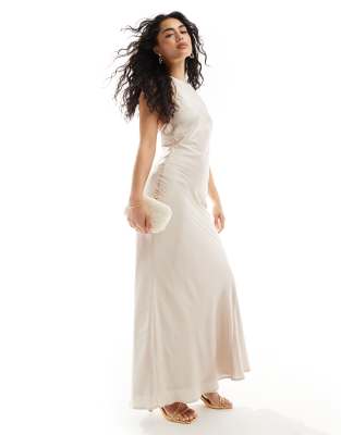 TFNC TFNC Bridesmaids satin maxi dress with tie back and button detail in champagne-Gold