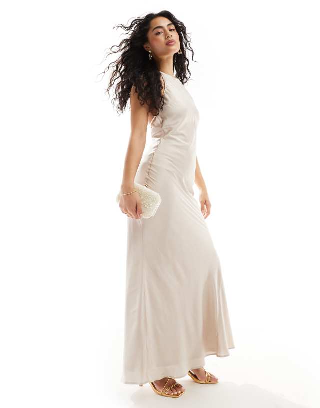 TFNC - bridesmaids satin maxi dress with tie back and button detail in champagne