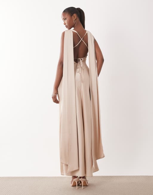 TFNC – Bridesmaids – Satin-Maxikleid in Cremeweiß mit V-Ausschnitt, Schnürung und Schaldetail, 4 von 4