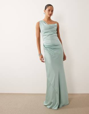 Tfnc Bridesmaids Satin One Shoulder Maxi Dress In Green