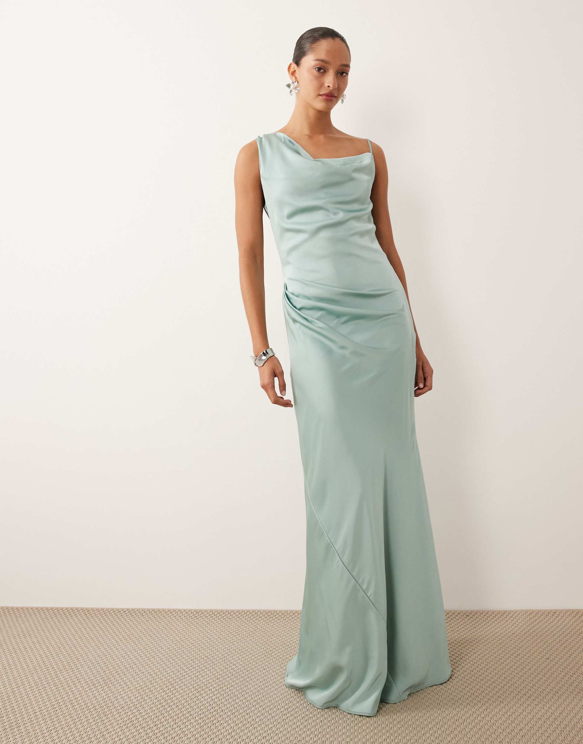 tfnc bridesmaids satin one shoulder maxi dress in aqua