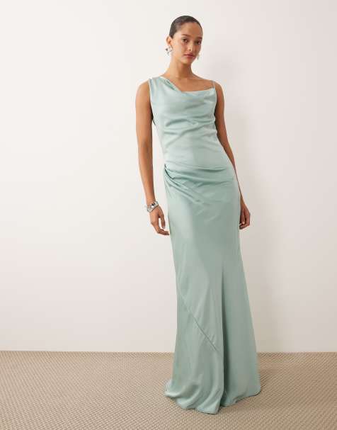 TFNC Bridesmaids satin one shoulder maxi dress in aqua