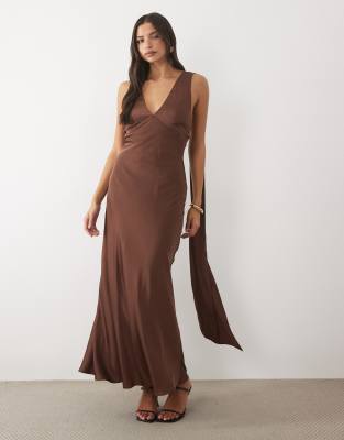 Tfnc Bridesmaids Satin Plunge Neck Scarf Detail Lace Up Open Back Maxi Dress In Brown
