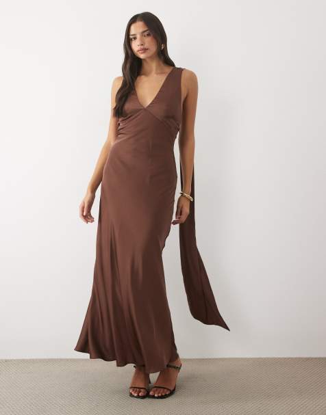 TFNC Bridesmaids satin plunge neck scarf detail lace up open back maxi dress in chocolate - view 1