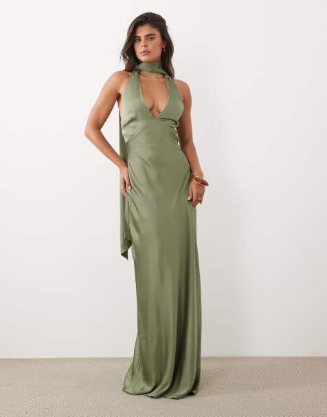 TFNC Bridesmaids satin v neck lace up open back detail scarf neck maxi dress in olive - view 1