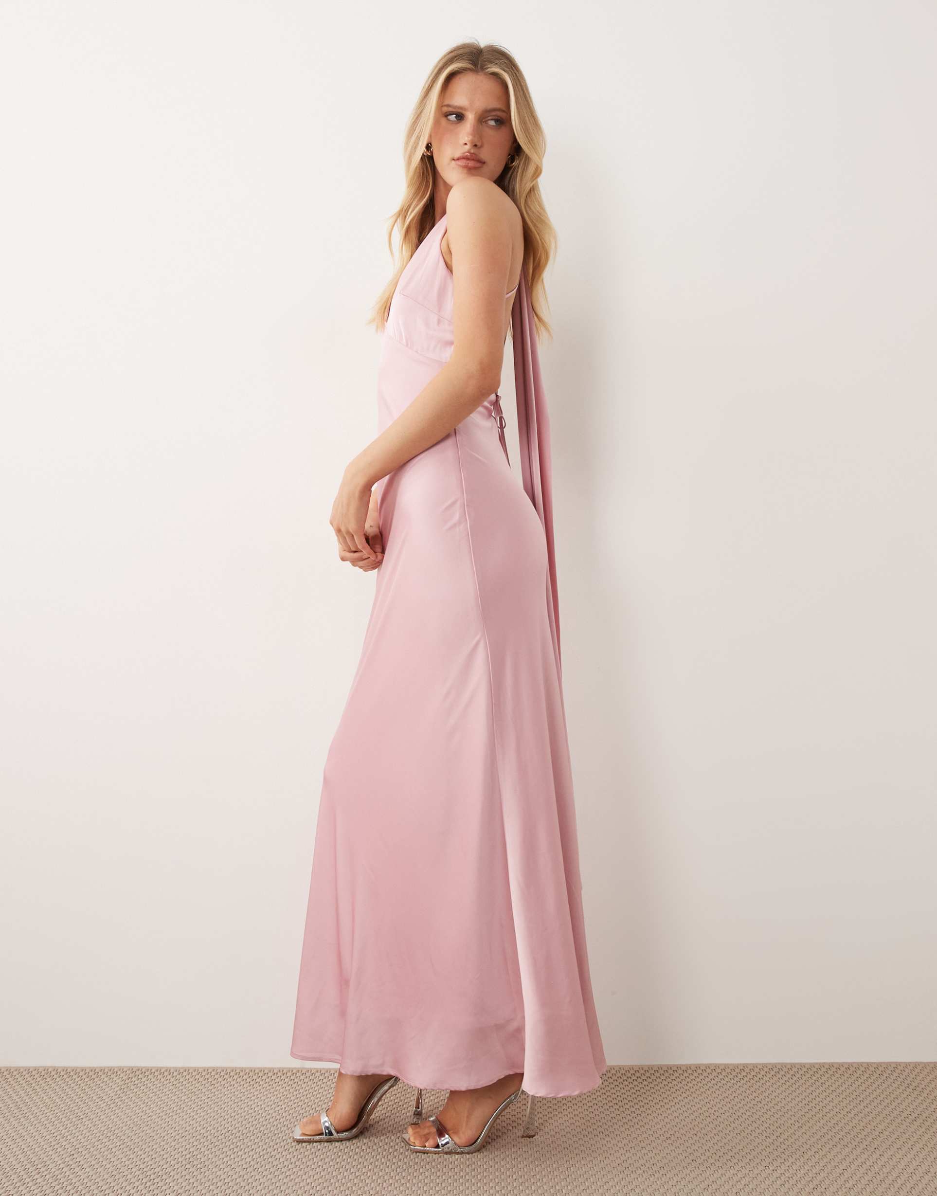 tfnc bridesmaids satin v neck lace up open back detail scarf neck maxi dress in pink