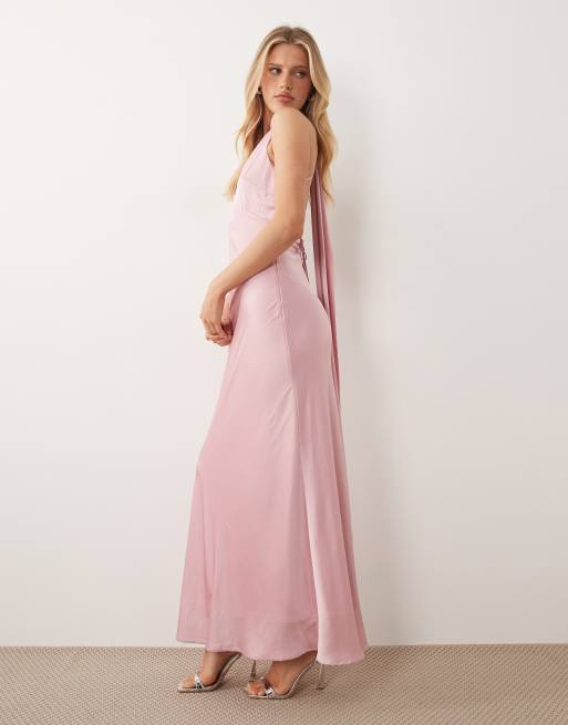 tfnc bridesmaid dresses asos TFNC Bridesmaids fallen shoulder satin maxi dress in pink