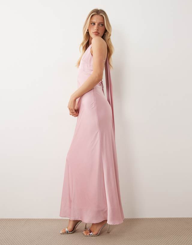 tfnc bridesmaid dresses asos Bridesmaids satin v neck lace up open back detail scarf neck maxi dress in pink YCRF_M_Dresses_Let