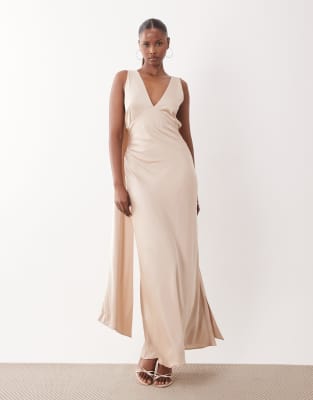 Tfnc Bridesmaids Satin V Neck Lacew Up Maxi Dress With Scarf In Neutral