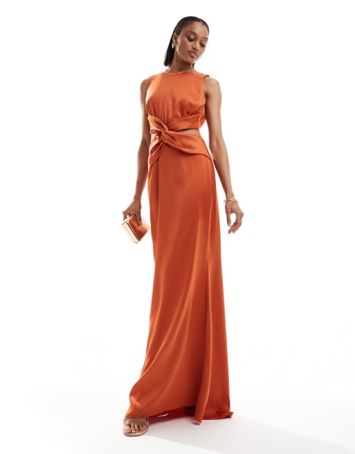 TFNC Bridesmaids Tall satin deep V back waist cut out satin maxi dress in rust