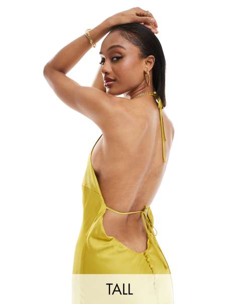 TFNC Bridesmaids Tall satin maxi dress with tie back and button detail in lime - view 1