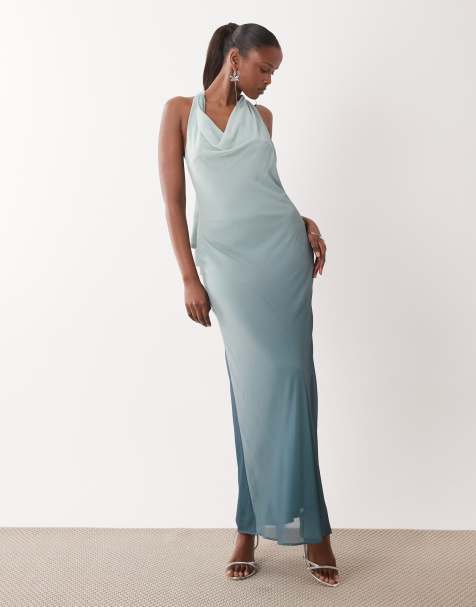 TFNC Bridesmaids – Turkusowa szyfonowa sukienka maxi z dekoltem halter i efektem ombre - view 1