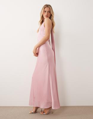 Tfnc Bridesmaids V-neck Satin Maxi Dress With Scarf In Pink