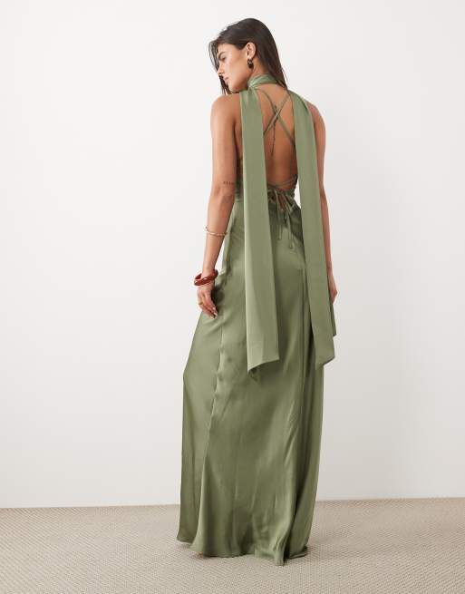 TFNC Bridesmaids vestito lungo in raso con scollo a V, allacciatura, schiena aperta e collo a sciarpa, verde oliva, 4 di 4
