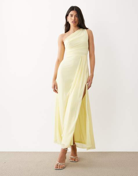 TFNC - Brudepiger - Citrongul oneshoulder-maxikjole med slids i siden i chiffon - view 1