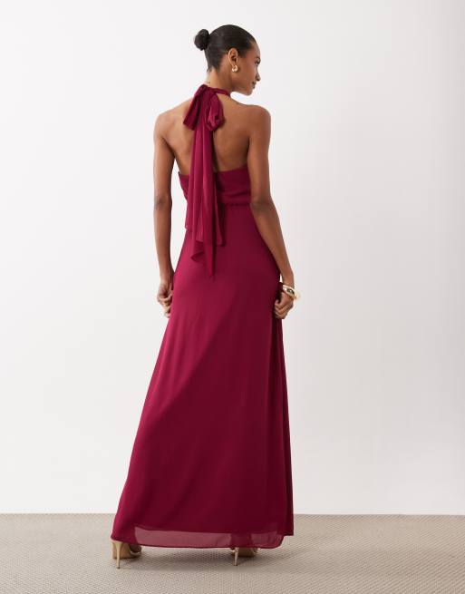 TFNC - Brudepiger - Hindbærfarvet maxikjole med halterneck og drapering i chiffon, 2 af 4