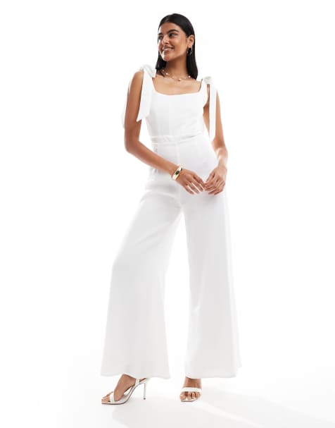 TFNC - Brudepiger - Hvidt jumpsuit med vide ben og bindestropper i satin - view 1