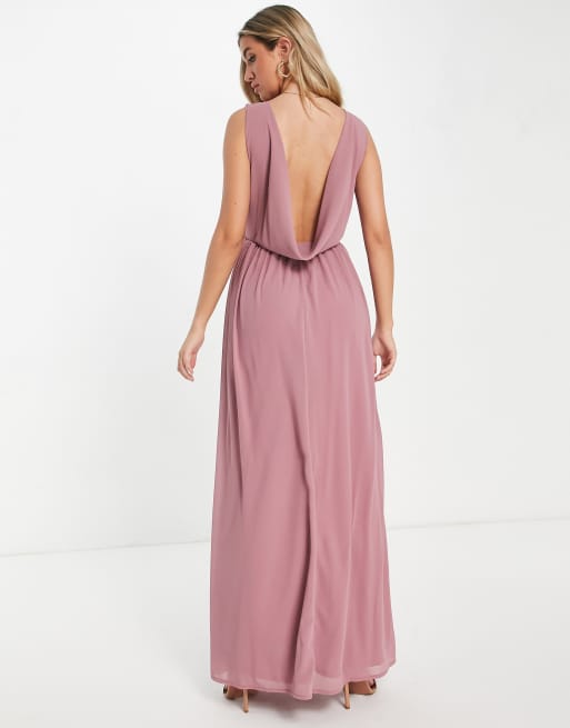 TFNC - Brudepiger - Lavendelfarvet maxikjole med dyb vandfaldsudskæring bagpå i chiffon, 2 af 4