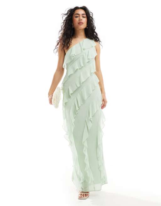 TFNC - Brudepiger - Lys mintgrøn oneshoulder-maxikjole med flæser i chiffon