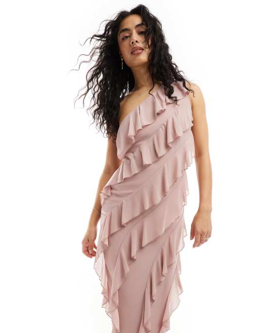 TFNC - Brudepiger - Lyserød oneshoulder-maxikjole med flæser i chiffon