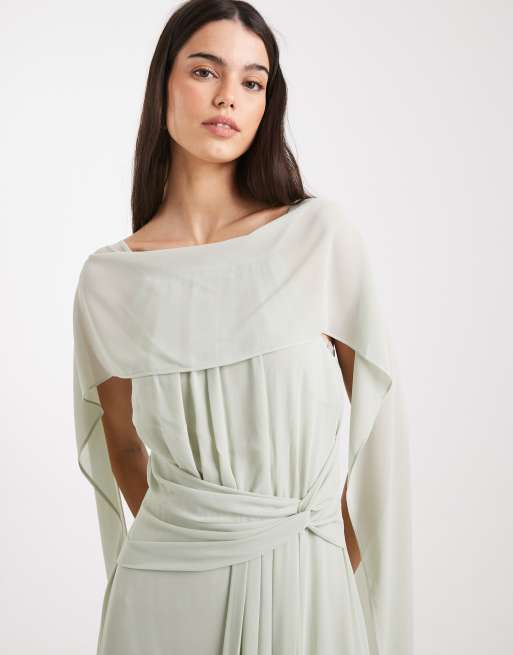TFNC - Brudepiger - Salviegrøn maxikjole i chiffon med kappe og snoet detalje, 2 af 4