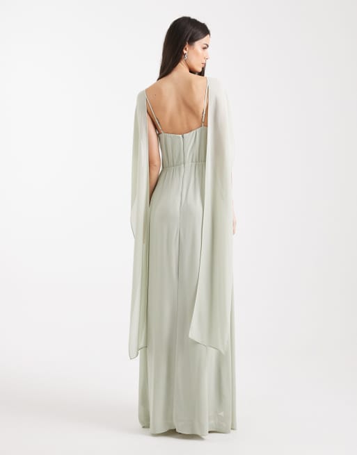 TFNC - Brudepiger - Salviegrøn maxikjole i chiffon med kappe og snoet detalje, 3 af 4
