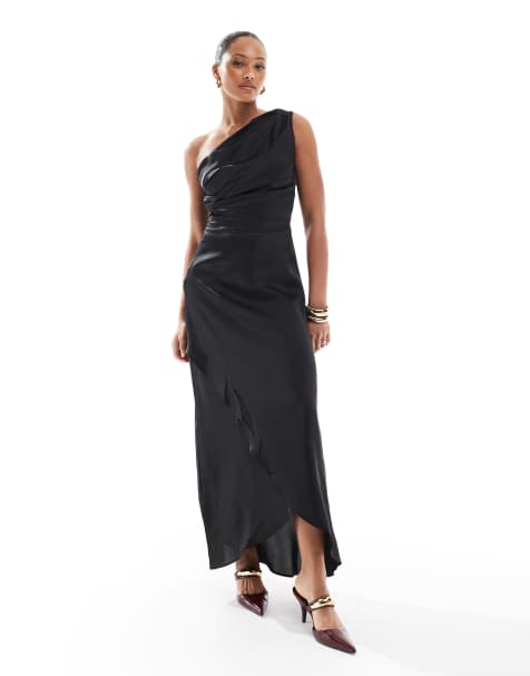 TFNC - Brudepiger - Sort maxikjole i satin med oneshoulder - view 1