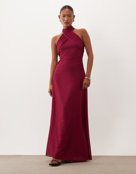 TFNC brudtärna Petite chiffongklänning med halterneck och drapering, maxi, i hallonröd - view 1