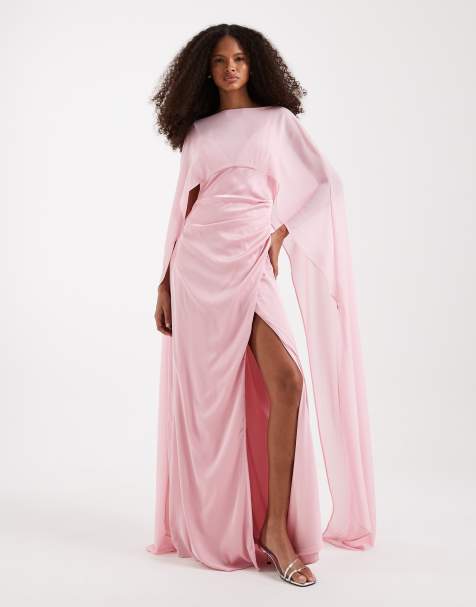 TFNC – Brudtärnor – Rosa maxiklänning i satin med cape i mesh - view 1