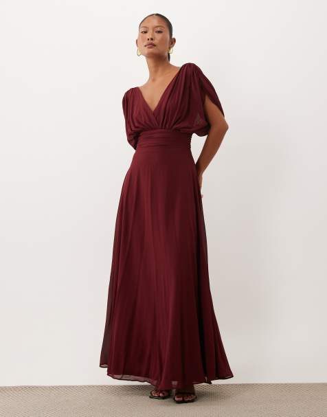 TFNC bruidsmeisje petite chiffon jurk met V-hals, gedrapeerde mouwen en plooien in bordeauxrood - view 1
