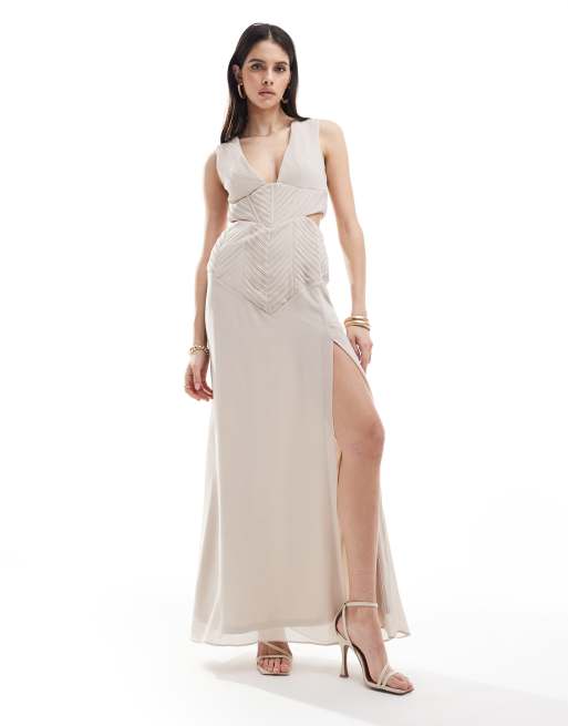 TFNC - Bruidsmeisjes - Geplooide maxi jurk van chiffon met split in ecru