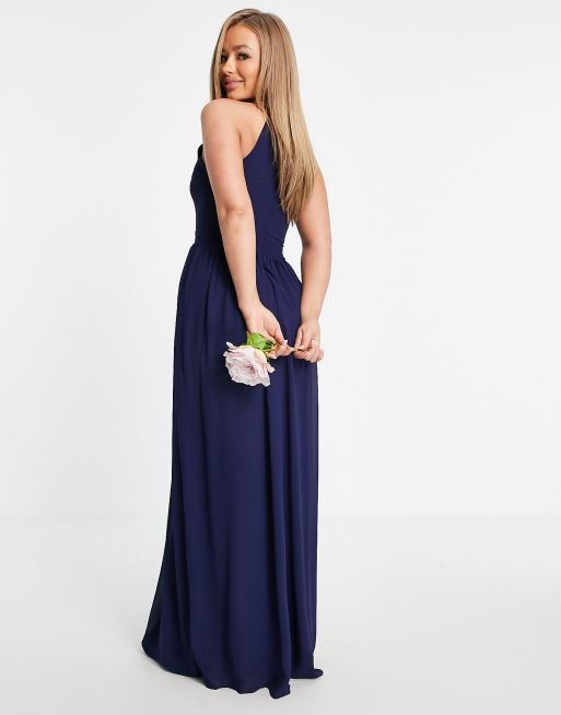 TFNC - Bruidsmeisjes - Hoogsluitende, geplooide maxi jurk in marineblauw, 2 van 4