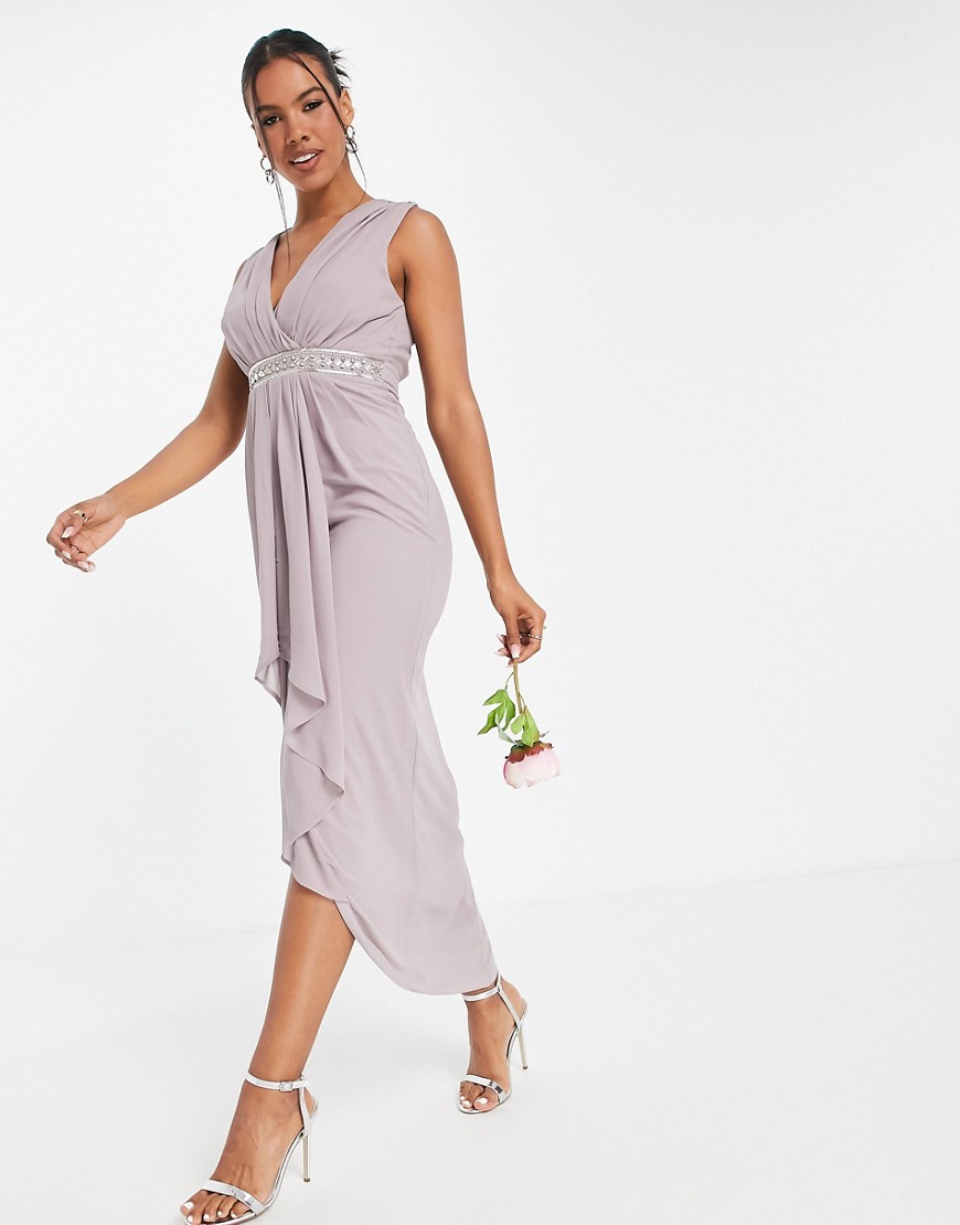 TFNC - Bruidsmeisjes - Lange jurk met gedrapeerde voorkant in lavendelgrijs-Paars