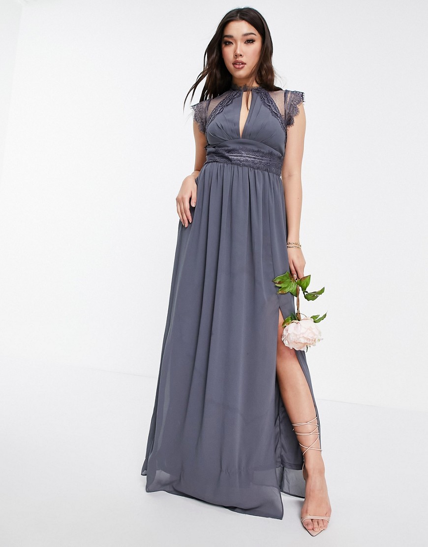 TFNC - Bruidsmeisjes - Lange jurk met kanten inzetstukken in donkergrijs