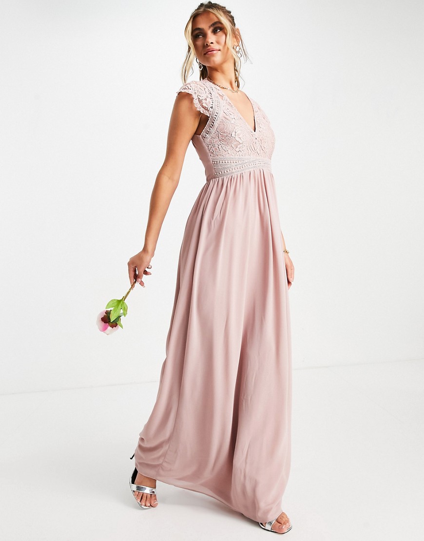 TFNC - Bruidsmeisjes - Lange jurk met overslag van kant en aangerimpelde rok in grijs-Roze