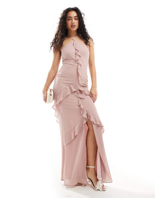 TFNC - Bruidsmeisjes - Maxi jurk van chiffon met halternek en ruches in zachtroze