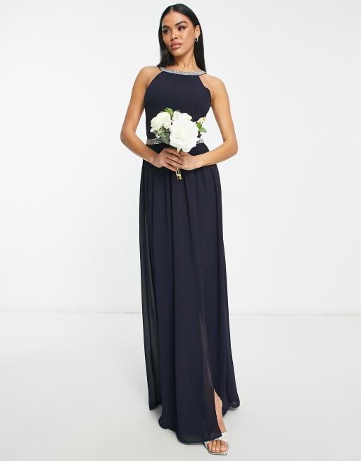 TFNC - Bruidsmeisjes - Maxi jurk van chiffon met open achterkant en versiering in marineblauw, 4 van 4