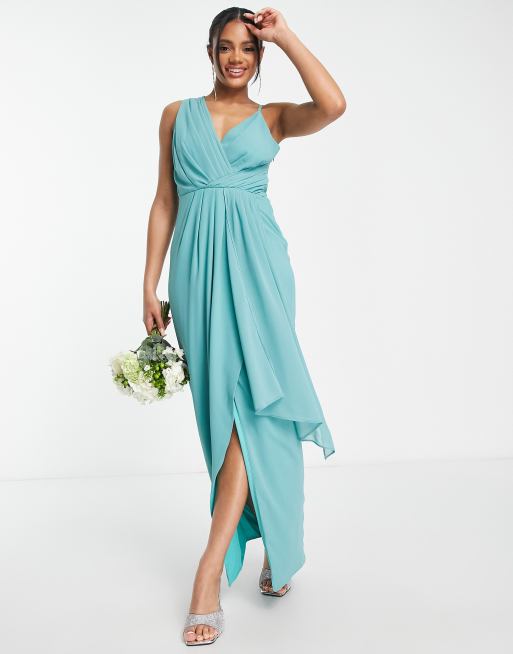 TFNC - Bruidsmeisjes - Maxi jurk van chiffon met overslag en ongelijke zoom in zeeblauw